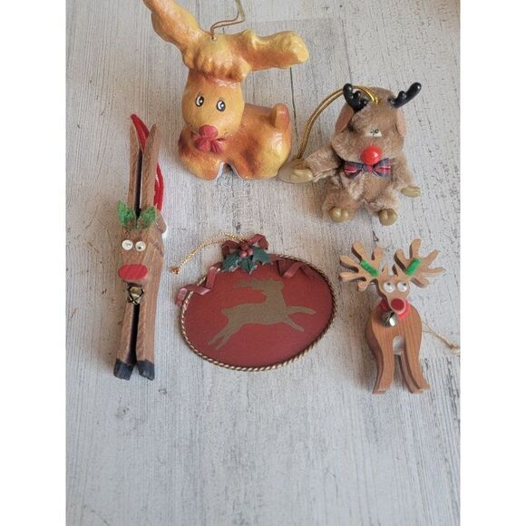 Vintage Rudolph figure reindeer ornament Bell Xmas unique set - Picture 2 of 9